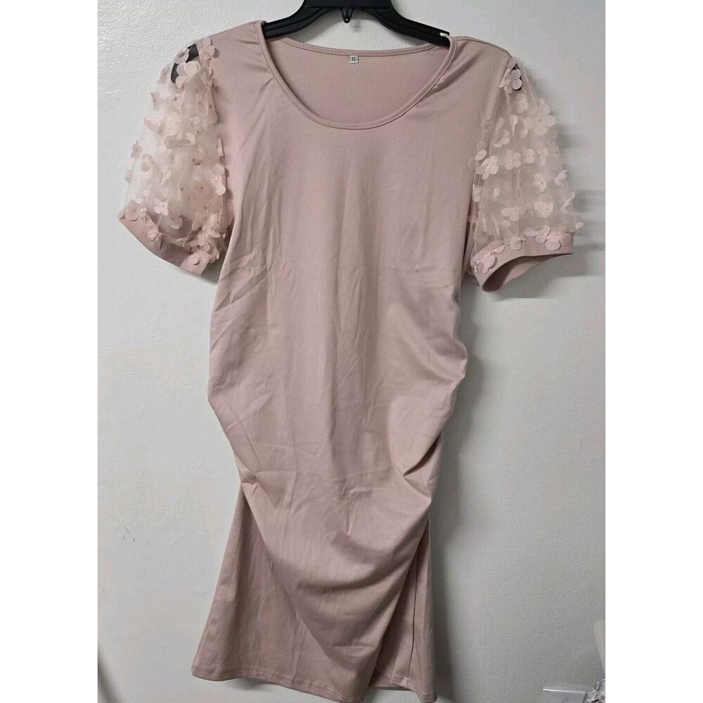 Pink Floral Mesh Long Sleeve Ruched Maternity-Baby Shower Dress Size XL‎